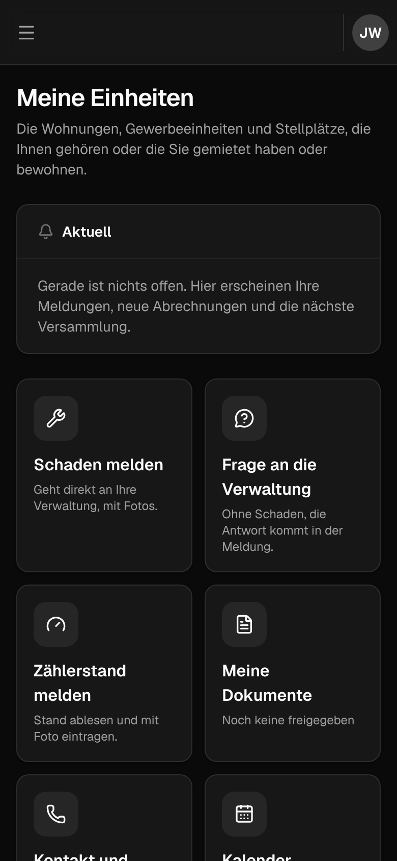 Die Startseite im Portal am Handy mit den Knöpfen „Schaden melden“ und „Zählerstand melden“.